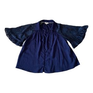 Umgee Blue Top with Bell Sheer Sleeves, Size M